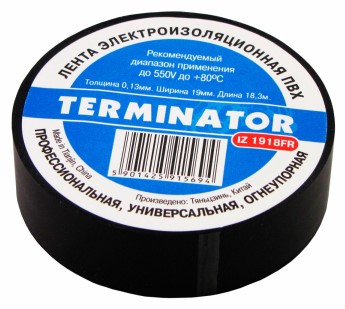 Изолента Terminator IZ 1918FR черная ПВХ, огнеупорная, 0,13мм, 19мм, 18,3м